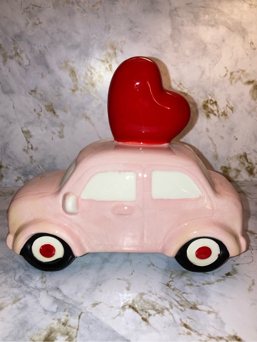 Pink Ceramic Retro Car with Red Love Heart Coquette Holiday Decor